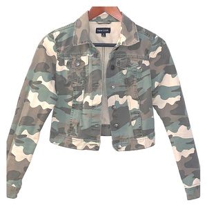 Green camo cropped denim jacket